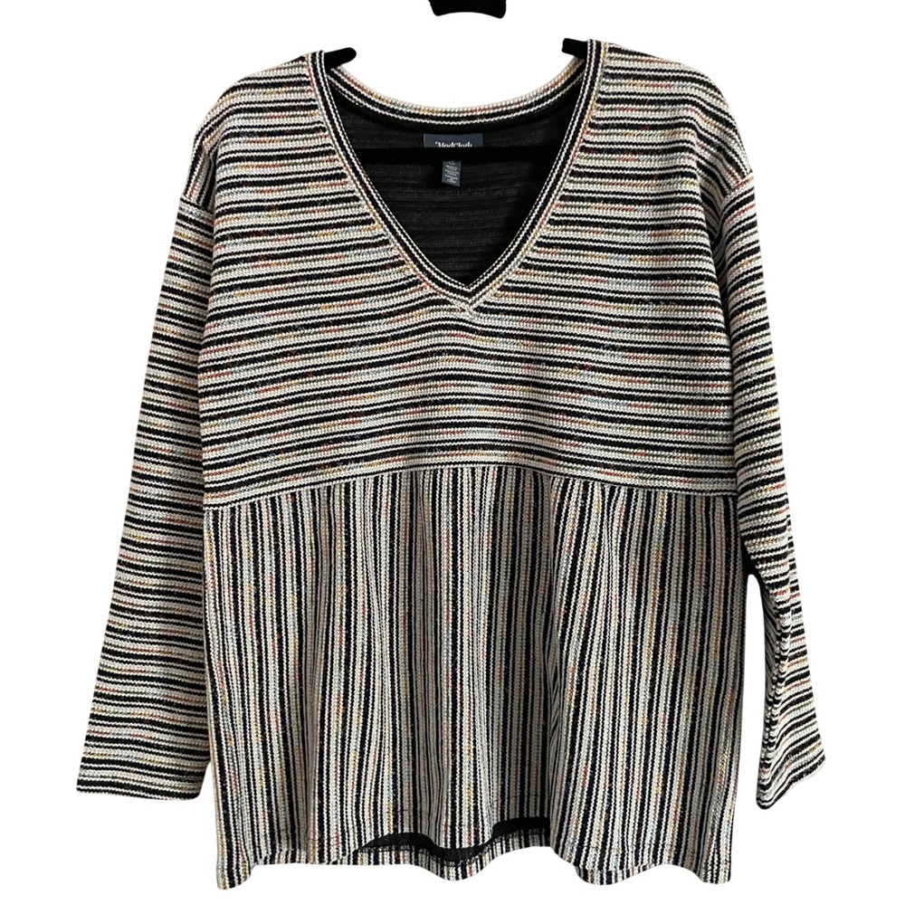 ModCloth Womens Striped V-Neck Babydoll Knit Top Black White Multi Size M